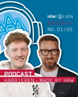 Grafik für die erste Episode des Podcast "Karrieren  – Made by HRW". Im Vordergrund sind zwei Personen zu sehen und im Hintergrund sieht man das HRW Folgen Logo.