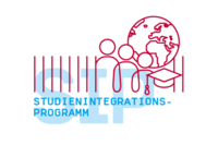 Logo mit roter Grafik: Globus, drei Personen und Absolventenhut; blaue Schrift 'SIP' und 'STUDIENINTEGRATIONS-PROGRAMM'.