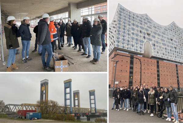 Auf dem Bild ist eine Collage von der Baustatik-Exkursion 2022 nach Hamburg zu sehen